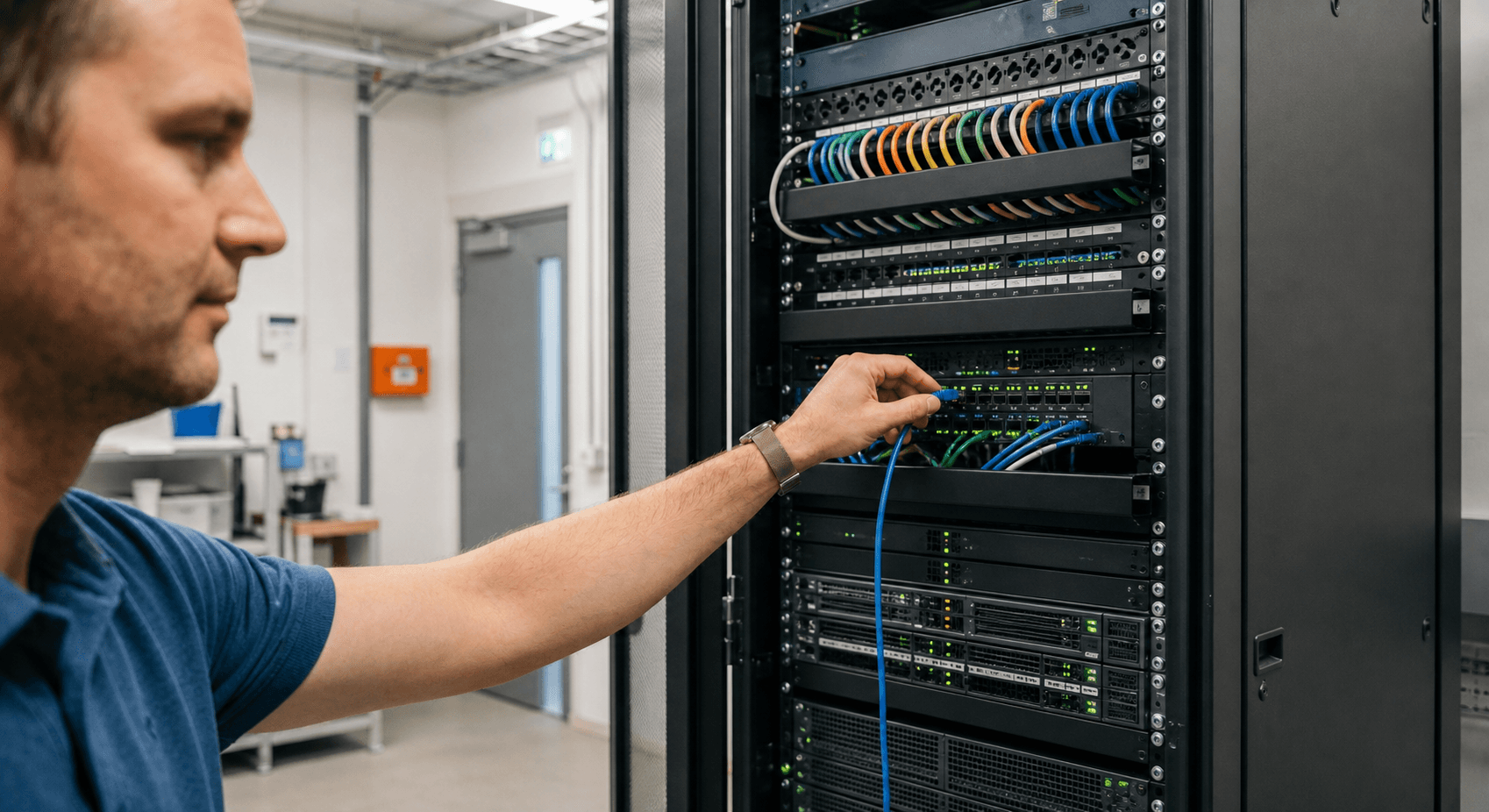IT-Fachkraft steckt ein Netzwerkkabel in einen offenen Serverschrank mit zahlreichen Kabelverbindungen